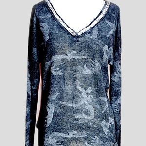 Gigi Moda Long Sleeve Top with Decorative Silver Scoop Neck,,,Black & Gray